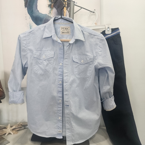 [PD&C- Paper Denim Cloth]size 7, long sleeve blue&white checkered button up shir - Picture 6 of 9